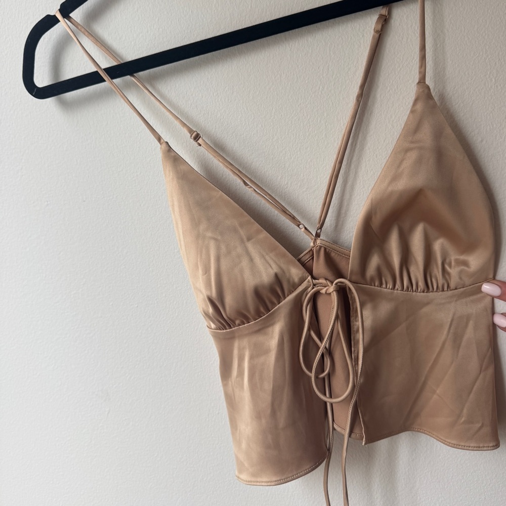 Tan Front Tie Crop Top with Cross Back